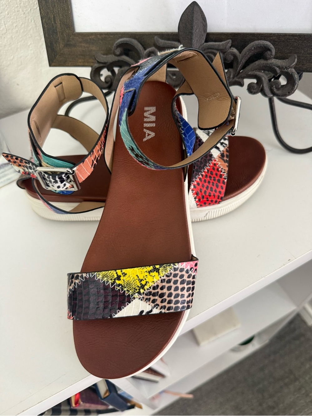 MIA Multicolor Snake-Print Ankle Strap Sandals